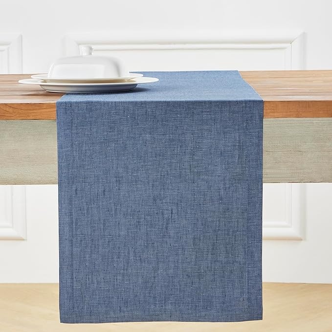 Solino Home Linen Table Runner 108 Inches Long - Athena, 100% Pure Linen Blue Denim Dining Table Runner 14 x 108 Inch for Spring, Summer