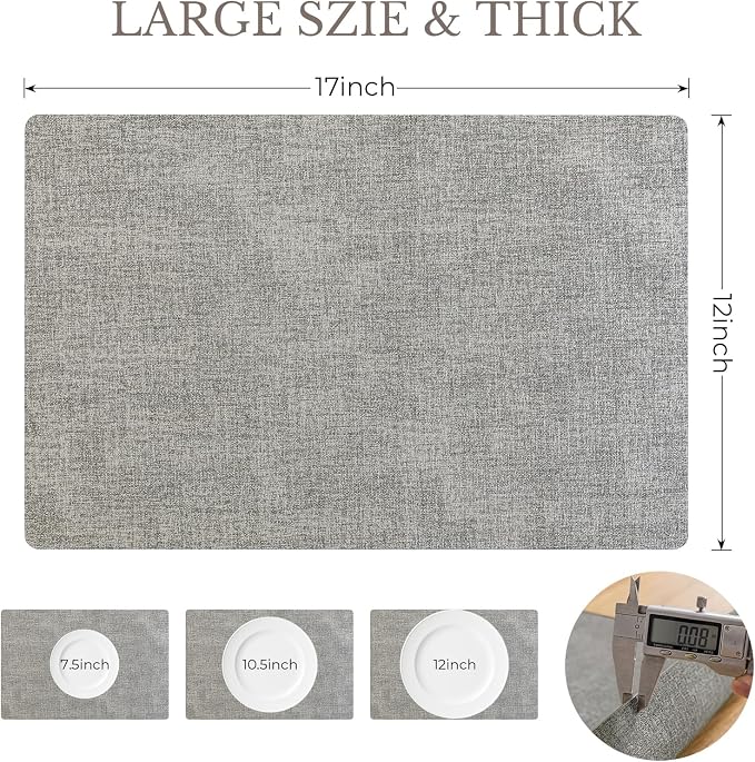 Romanstile Vinyl Placemats Set of 12-12 X 17 Inch - Faux Leather 100% Waterproof Wipeable Anti Slip Place Mats, Heat Resistant Reversible PU Table Mats for Kitchen Dining Party Outdoor, Light Grey