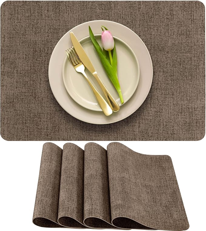 More Décor Faux Leather Placemats Set of 4 for Dining Table – Waterproof, Wipeable, Washable, Stain & Heat Resistant, Non-Slip Table Mats – 12 X 17 Inch, Brown