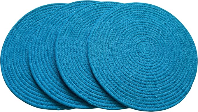 WAZAIGUR Round Placemats Washable Thick Cotton Absorbent 13 inch Round Table Mats for Kitchen Dining Table Set of 4 Round Woven Fabric Indoor/Outdoor Place Mats (Sky Blue, 4)