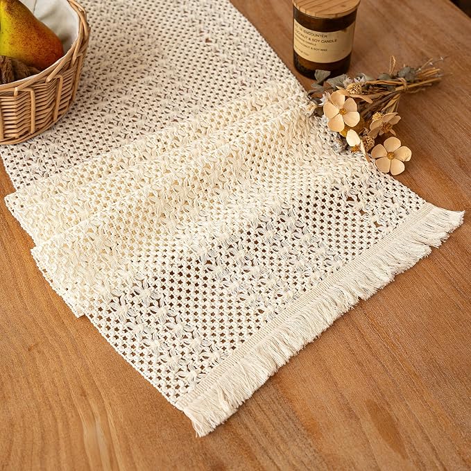 FEXIA Boho Table Runner for Home Decor with Tassels 72 Inch Farmhouse Burlap Table Runner Rustic Lace Decoration for Living Room Dining Table, Entryway Kitchen Natural Beige (12x72 Inch)