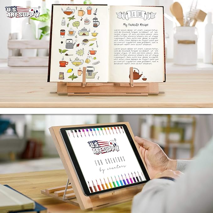 U.S. Art Supply Large Wooden Table Easel - Adjustable Incline, 2 Page Holders - Functions as Wooden Cookbook Stand, Kitchen Countertop Recipe Rack, Tablet Rest & Cook Book Holder for Kitchen Counter