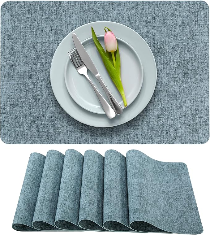 More Décor Faux Leather Placemats Set of 6 for Dining Table – Waterproof, Wipeable, Washable, Stain & Heat Resistant, Non-Slip Table Mats – 12 X 17 Inch, Blue