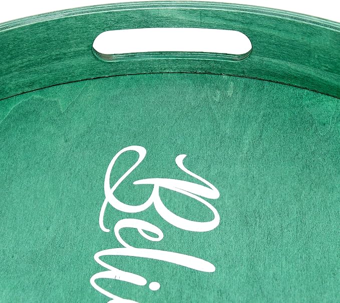 Elegant Designs HG2013-GBL Christmas Decorative 13.75'' Round Wood Serving Tray w/Handles, Green Believe