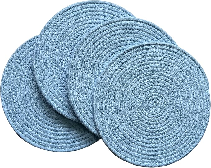 WAZAIGUR Round Placemats Washable Thick Cotton Absorbent 13 inch Round Table Mats for Kitchen Dining Table Set of 4 Round Woven Fabric Indoor/Outdoor Place Mats (Light Blue, 4)