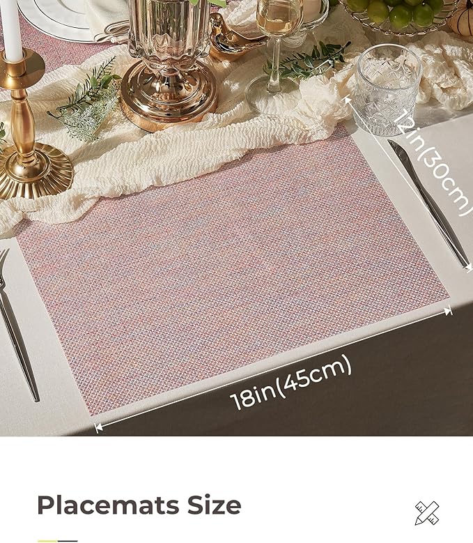 Leetaltree Sparkling Pink Iridescent Vinyl Woven Placemats, Set of 4, Waterproof Washable Dining Table Mats for Wedding, Anniversary, Daily Use & Decor