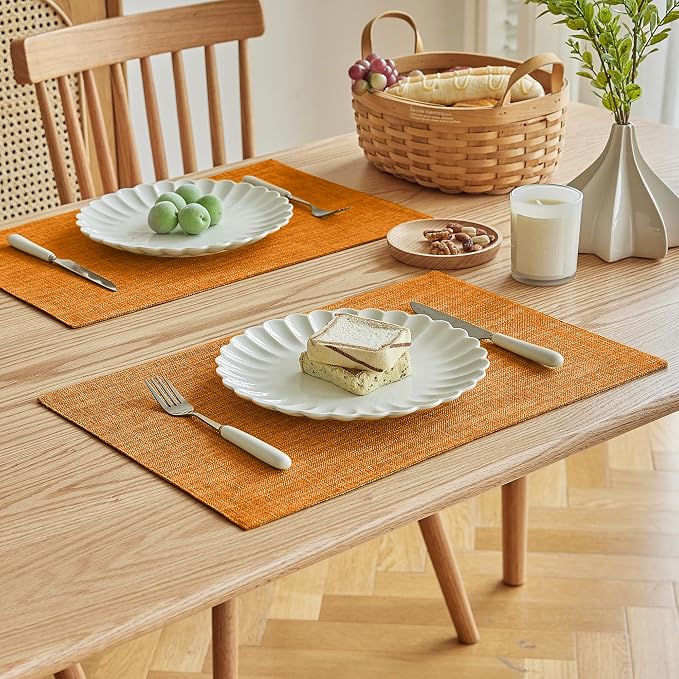 Softalker Faux Linen Placemats Set of 6-12 x 18 Inch, Heat Resistant Double Layered Durable Burlap Farmhouse Place Mats, Non-Slip Washable Rustic Table Mats for Dining, Kitchen, Party（Orange