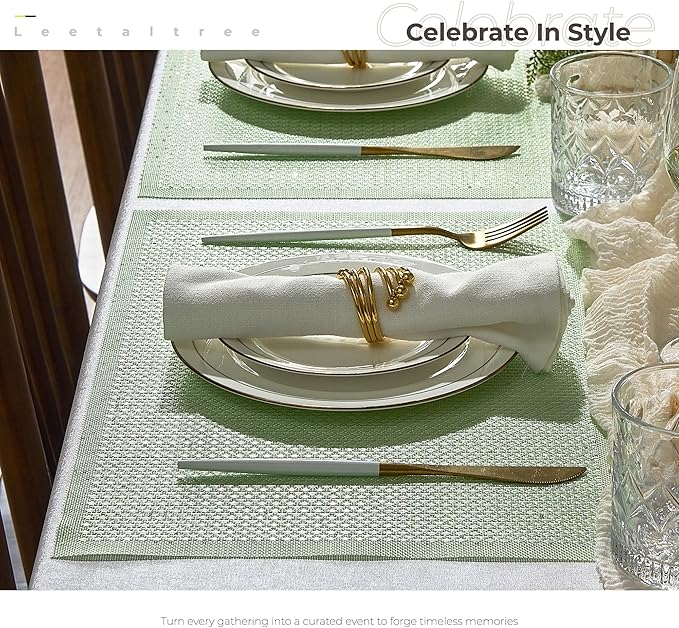 Leetaltree Sparkling Crisp Green Sequin Woven Vinyl Placemats, Set of 12 - Waterproof & Washable Dining Table Mats for Wedding, Anniversary, Daily Use, Hand-Cut