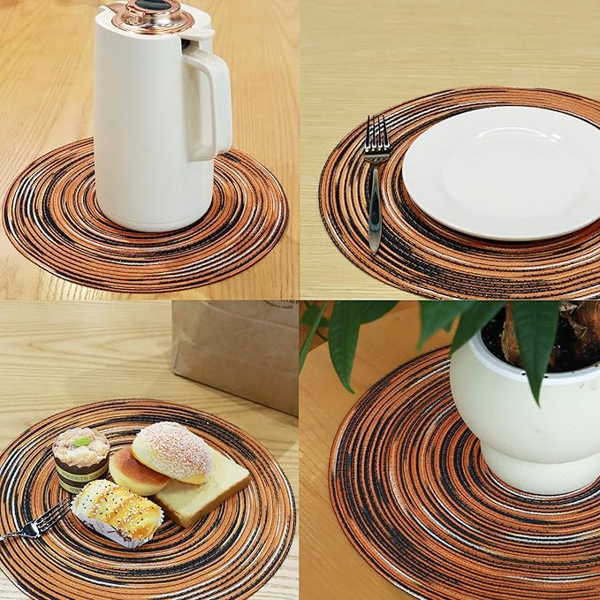 Youyi 15 Inch Round Braided Placemats Set of 6, Washable Heat Resistant Non-Slip Boho Farmhouse Table Mats for Kitchen Decor, Caramel