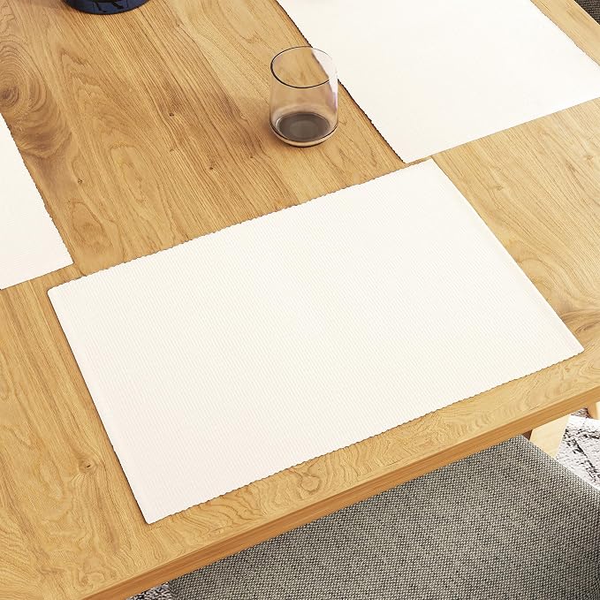 Encasa XO Dining Placemat Set of 6 | Solid Off White Color | Fine Ribbed Cotton Table mat | Size 19x13 in | Machine Washable