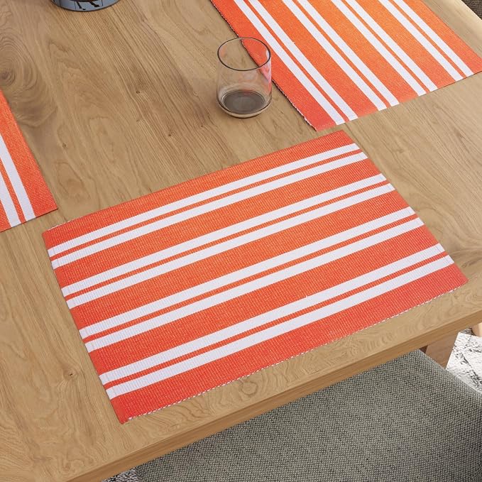 Encasa XO Dining Placemat Set of 6 | Franca Orange Stripes Color | Fine Ribbed Cotton Table mat | Size 18x13 in | Machine Washable