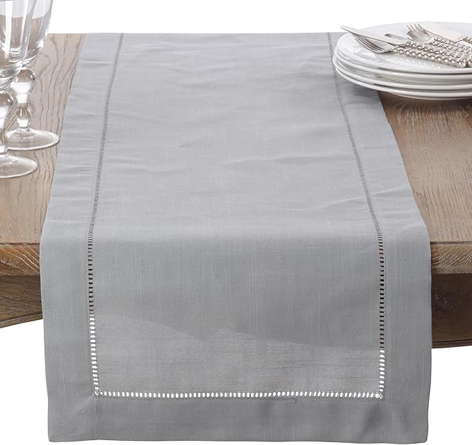 SARO LIFESTYLE Hemstitched Border Table Runner, Grey, 16"x54"
