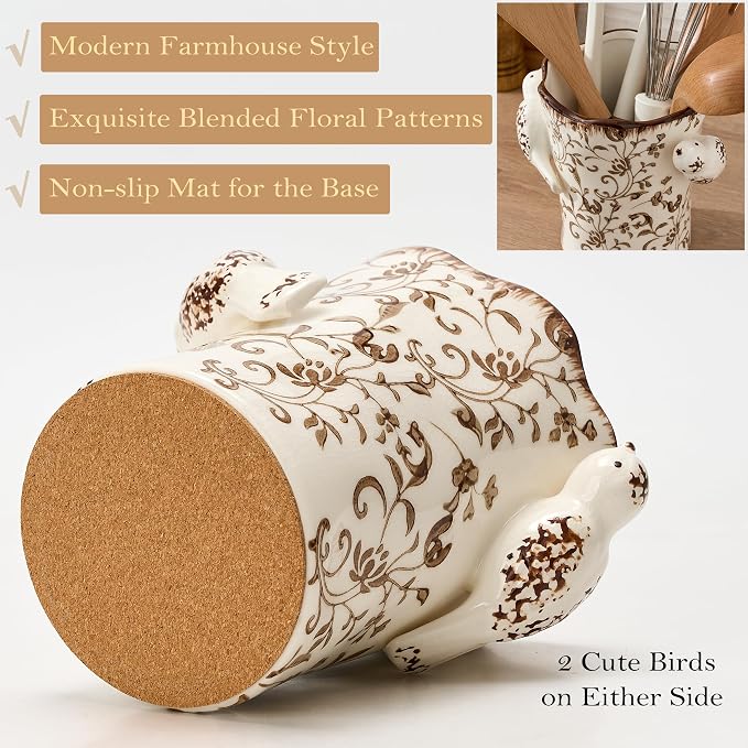 6.34"H Utensil Holder for Kitchen Counter, Modern Farmhouse Cooking Utensil Holder and Crock Home Kitchen Decor, Ceramic Utensil Organizer for Spatula, Ladle, Eggbeater- Brown Flower Patterns