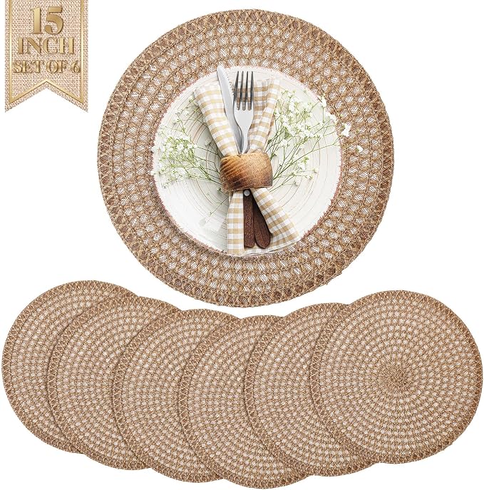 15 Inch Round Burlap Placemat Set of 6 Boho Jute Woven Charger Bulk Rustic Vintage Natural Brown Heat Resistant Dining Table Mat for Wedding Farmhouse Home Kitchen Summer Outdoor Decoration