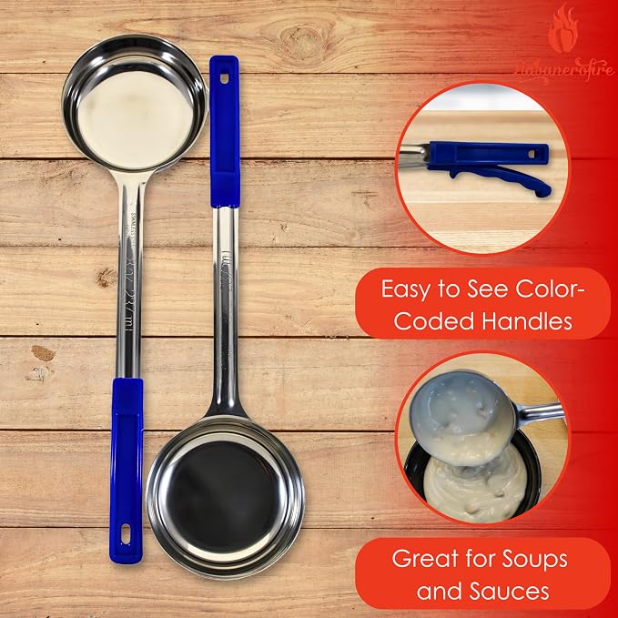 8 oz Solid Stainless Steel Portion Control Ladle Spoon | Commercial-Grade Spoodle for Portioning & Serving - Soups, Sauces & Buffet Service. Color-Coded by Size. Dishwasher Safe.