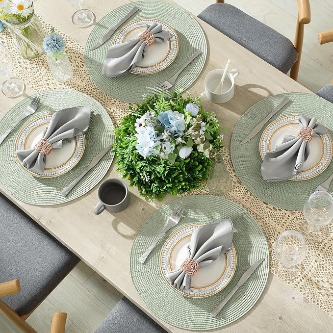 AHHFSMEI Round Placemats Set of 6 Heat Resistant Washable Non-Slip Woven Braided Table Mats for Dining Table Kitchen & Home Decor (Sage Green)