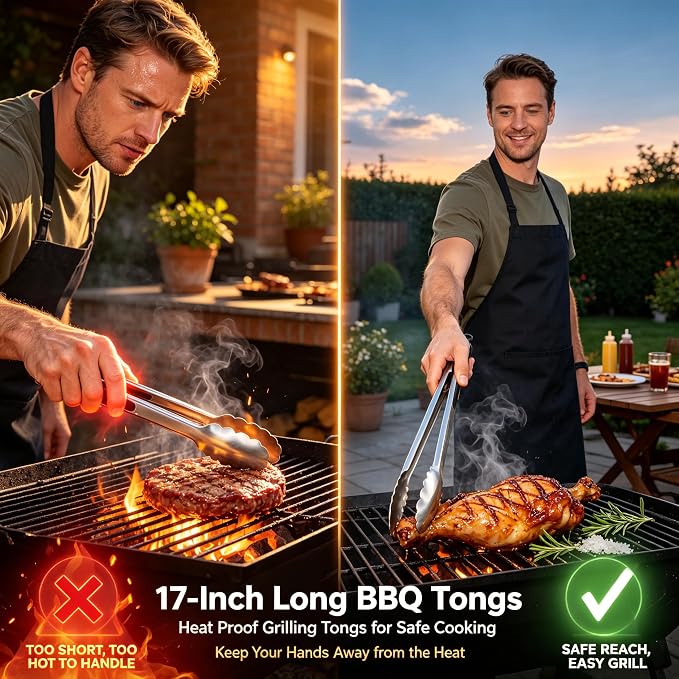 Grill Tongs, BBQ tongs - 12" & 17" Extra Long Kitchen Tong, 600 Degrees Heat Resistant Stainless Steel tong, Heavy Duty Metal Locking Tongs for Cooking, Grilling, Outdoor Barbecue, Set of 2
