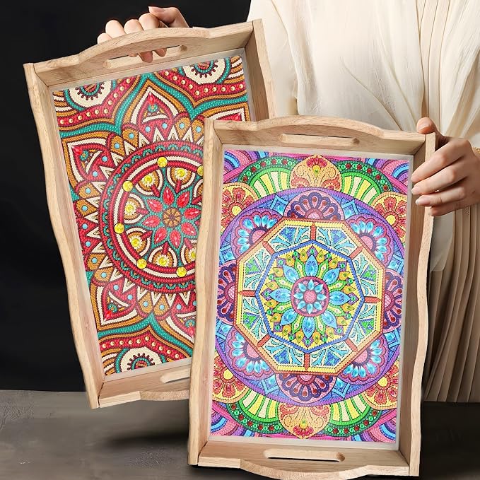Generic DIY Diamond Serving Tray Rectangular Upgrade Increase Breakfast Tray with Handles Handmade Diamond Art Painting Wooden Tray Dinner Plate for Coffee Living Room Home Organizer-Mandala05