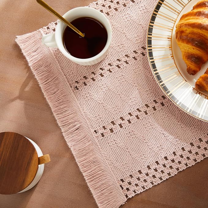 ZeeMart Macrame Style Boho Placemats Set of 4, Light Pink 12x20 Inch | Decorative Farmhouse Table Mats, Natural Cotton Woven Place Mats, Bohemian Home Decor for Kitchen Dining Table