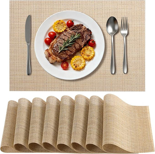 Timeet Placemats Set of 8, Heat Resistant Non-Slip Place Mats for Dining Table, Durable Washable PVC Vinyl Woven Table Mats, Linen Textured Placemats for Kitchen Resistant Easy to Clean(Beige