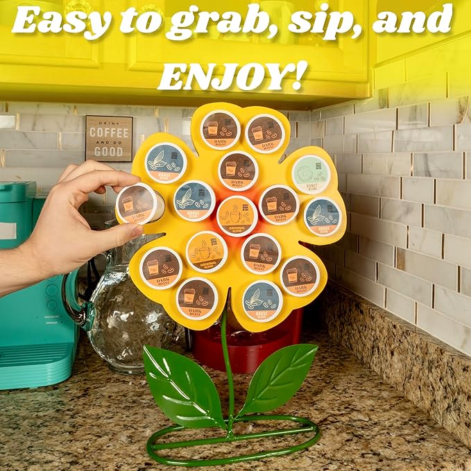 Made Easy Kit Front Facing Countertop Coffee Pods Holder - Compatible with K-Cups Practical meets Whimsical - Coffee Bar Decor for Home Café Kitchen Nook (Yellow Sunflower)