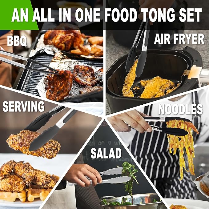 Anaeat Non-Stick Silicone Locking Tong Set of 3 - Stainless Steel 7, 9 and 12 inch Kitchen Food Tongs with Non-Slip Silicone Tips and Grip for Cooking, Baking and BBQ - Heavy Duty & Heat Resistant