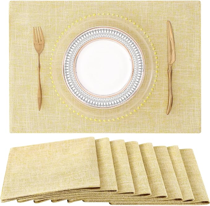 homing Faux Cotton Linen Placemats Set of 8, Cloth Washable Farmhouse Dining Table Mats for Indoors & Outdoors, Easy to Clean, Lemon Yellow, 13 x 19 Inch