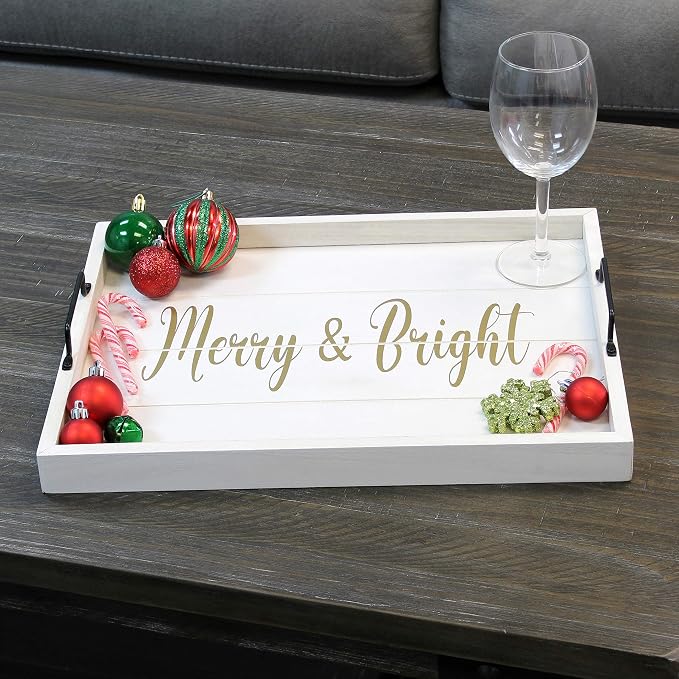 Elegant Designs HG2000-WMB Christmas Decoration 15.50" x 12", Decorative Wood Serving Tray w/Handles, White Wash Merry & Bright