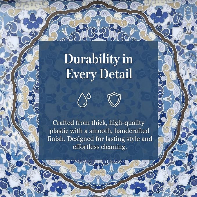 Boho Decorative Tray, Modern Blue Serving Tray with Handles, Ottoman Trays Set of 2, Plastic Coffee Table Tray for Living Room, Bathroom, Kitchen, Decor, Large 15.7”*11.8”, Small 13.7"*9.8"