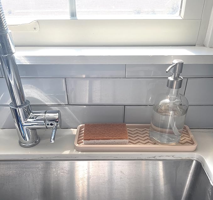 Silicone Sink Organizer Tray, Rectangular, Modern Style, Heat Safe, Dishwasher Safe, for Bathroom and Kitchen Organization (White, 12"x4", Chevron Pattern)