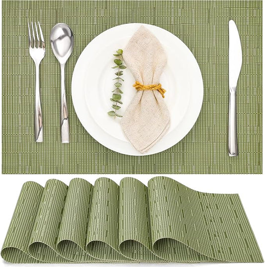 Myir JUN Placemats Set of 6, Vinyl Woven Placemats Place Mats Indoor Washable Table Mats Non-Slip Place mats for Dining Table (Green, Set of 6)