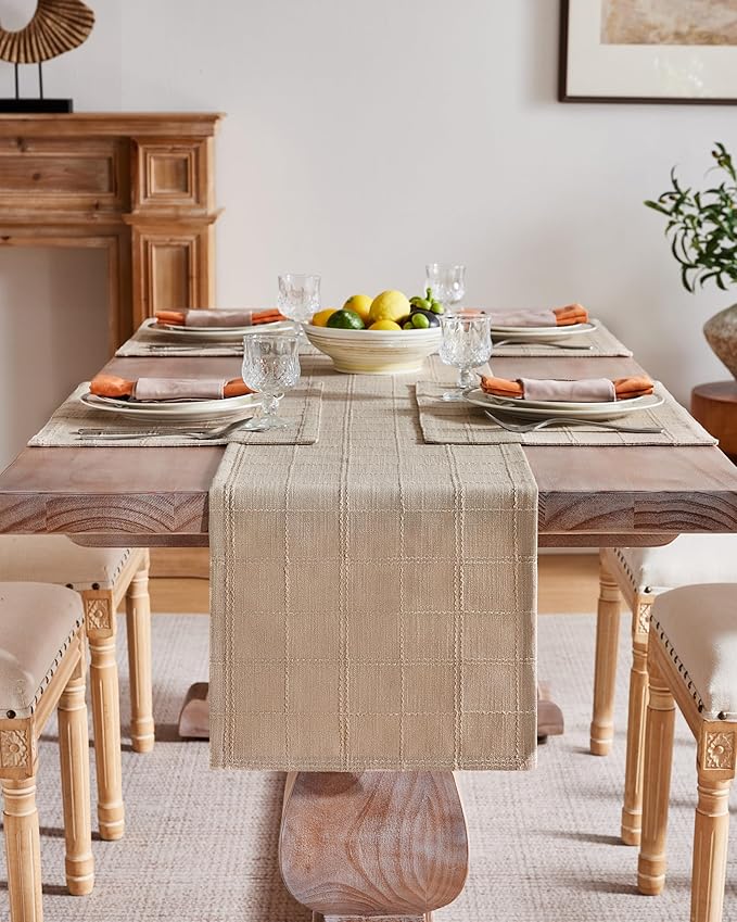 ZeeMart Linen Checked Farmhouse Table Runner, 13x72 Inches Taupe | Raised Grid Design, Rich Woven Texture, Linen Blend Table Runners 72 Inches Long, Machine Washable, Boho Home Kitchen Decor