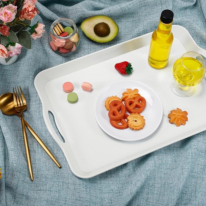 3 Pack Serving Trays with Handles, 16 x 11 inch Rectangular Plastic Serving Platter, Food Serving Tray for Restaurant Buffets, Diners, School Lunch(White)