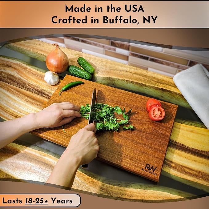 Teak Wood Cutting Board, Scratch & Warp Resistant, Premium Hardwood Wooden Cutting Board with Handles & Non-Slip Feet, For Meat, Vegetables & Charcuterie (15x10x0.75)