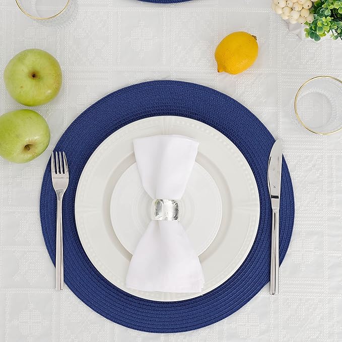 HODJOY Placemats, Round Placemats for Dining Table, Washable Woven Non-Slip Placemats for Thanksgiving, 15inch, Set of 6 (Nautical Blue)