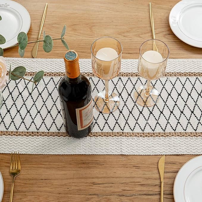 Table Runner Linear End, Boho Style with Tassels, Cotton & Linen, Farmhouse Home Decor for Living Room Dresser Scarfs (12x60Inch, Black & Beige)