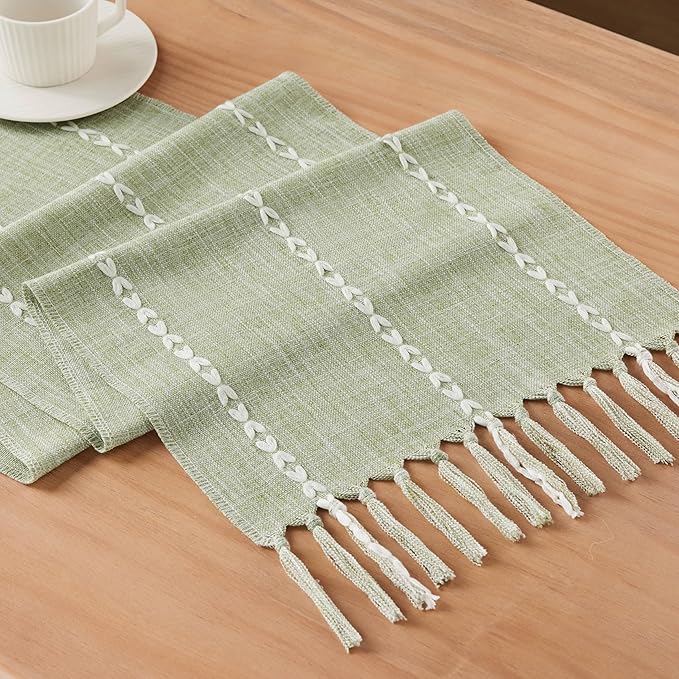 Braided Farmhouse Table Runner,Braided Sage Green 13x108 Inch, Cotton Linen Table Runners 108 Inches Long, Embroidered Striped Sage Green Boho Table Runner Rustic Home Decor