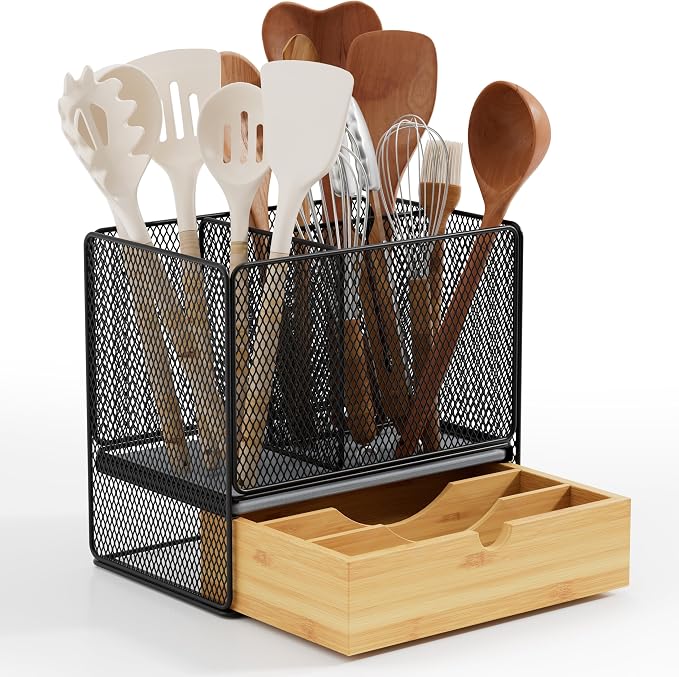 Utensil Holder, 2-in-1 Kitchen Utensil Holder with Silverware Drawer Organizer for Countertop, 3 Compartments Cooking Utensil Holder with Diatomaceous Earth Base for Kitchen Counter, Black