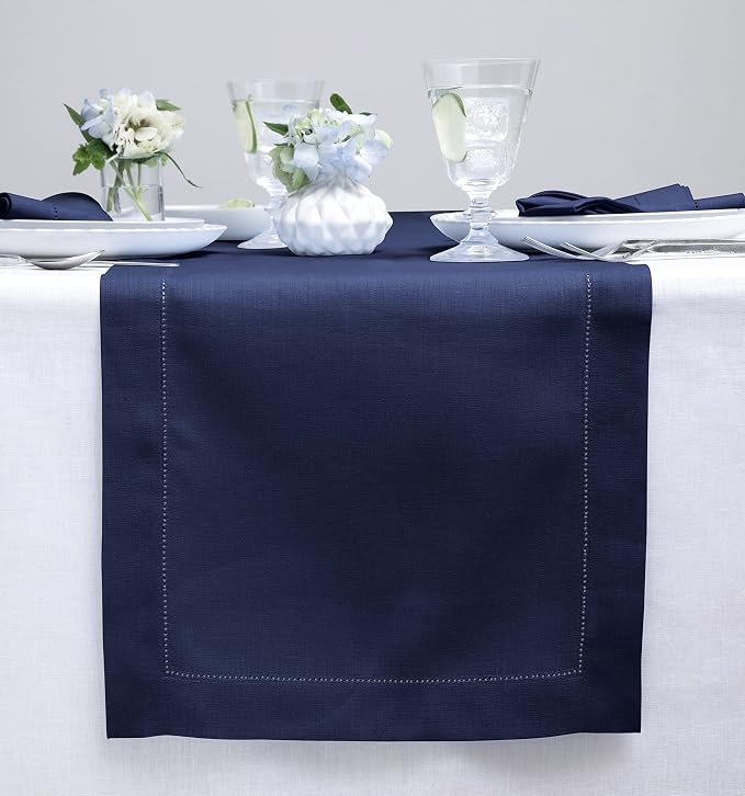 Solino Home Linen Navy Blue Table Runner 90 Inches Long - 100% Pure Linen Hemstitch 14 x 90 Inch Table Runner for Dining, 4th of July - Classic Hemstitch