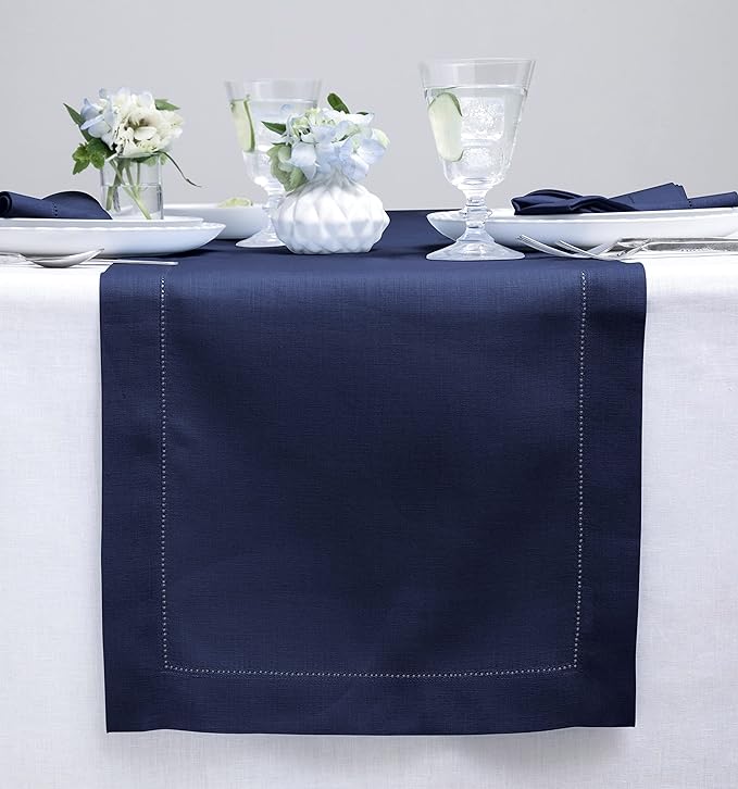 Solino Home Linen Navy Blue Table Runner 144 Inches Long - 100% Pure Linen Extra Long Table Runner 14 x 144 Inch for 4th of July - Classic Hemstitch