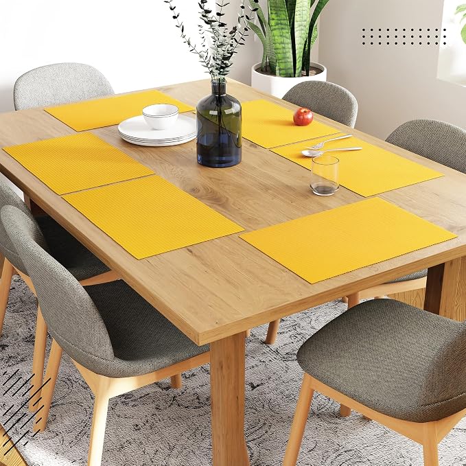 Encasa XO Dining Placemat Set of 6 | Yellow Color | Fine Ribbed Cotton Table mat | Size 19x13 in | Machine Washable