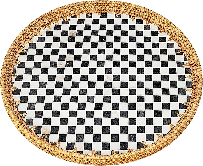 16" Rattan & Mother of Pearl Lazy Susan with Checkerboard Pattern - Round Black & White Rotating Base - Artistic Centerpiece for Charcuterie, Snacks & Coffee Tables