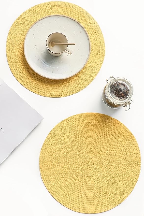 Floroom 15 Inch Round Braided Placemats Set of 4, Washable Heat Resistant Cotton Polyester Circle Place Mats for Kitchen Dining Table - Yellow