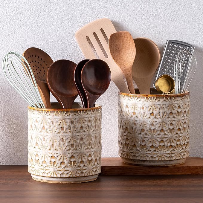 Utensil Holder Rustic Farmhouse Ceramic Utensil Crock for Countertop - 5.3" Handcrafted Kitchen Cooking Utensil Crocks with Cork Base, Natural Finish for Kitchen Tools Storage