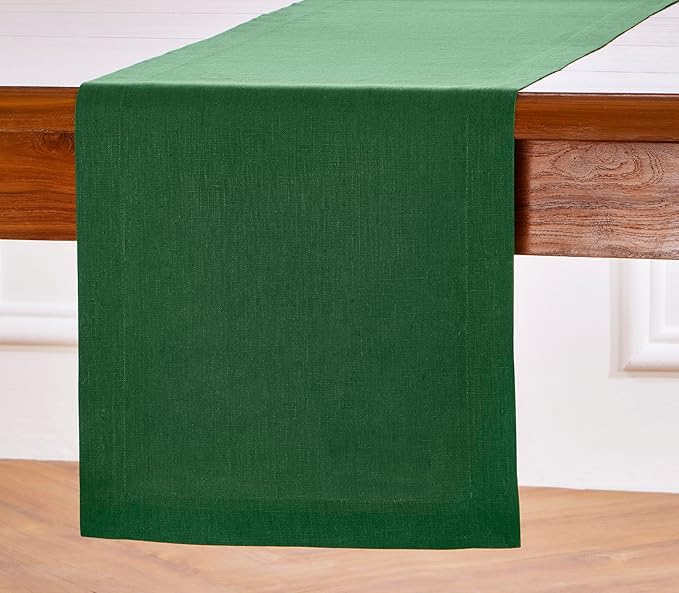 Solino Home Linen Table Runner 60 Inches - 100% Pure Linen Pine Green Table Runner 14 x 60 Inch Ideal for Dresser and Coffee Tables - Fete