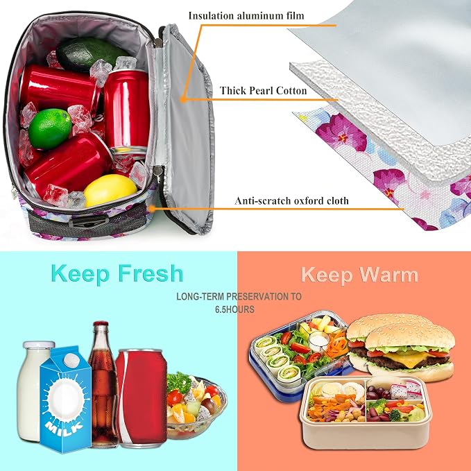 BEIMILY Lunch Bag for Women/Men,Reusable Lunch Box Small Lunch Bag Soft Sided,Leakproof Cooler Bag for Office Work Picnic Beach with Adjustable Shoulder Strap (lily flower)