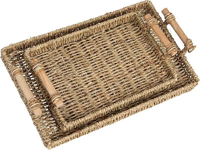 Household Essentials Handwoven Seagrass Rectangular Tray Set with Wood Handles, Natural, Set of 2