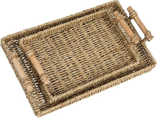 Household Essentials Handwoven Seagrass Rectangular Tray Set with Wood Handles, Natural, Set of 2