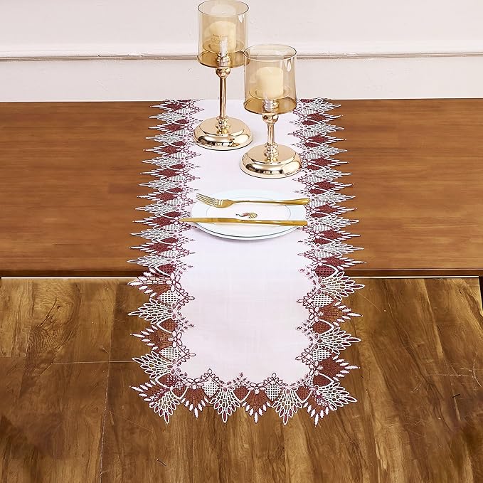 White Dark Red Jacquard Lace Table Runner 60 inches Long, Claret Dresser Scarf Table Topper for Christmas Kitchen Coffee Table Wedding Party Home Decor (Dark Red, 16”x60”)