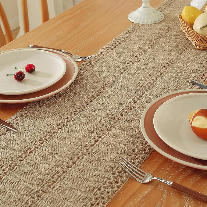 Niviy Burlap Boho Table Runner for Home Decor with Tassels 72 Inches Long, Modern Farmhouse Decor Rustic Macrame Woven Coffee Table Runners for Spring Dining Table Decoration, Burlap Brown